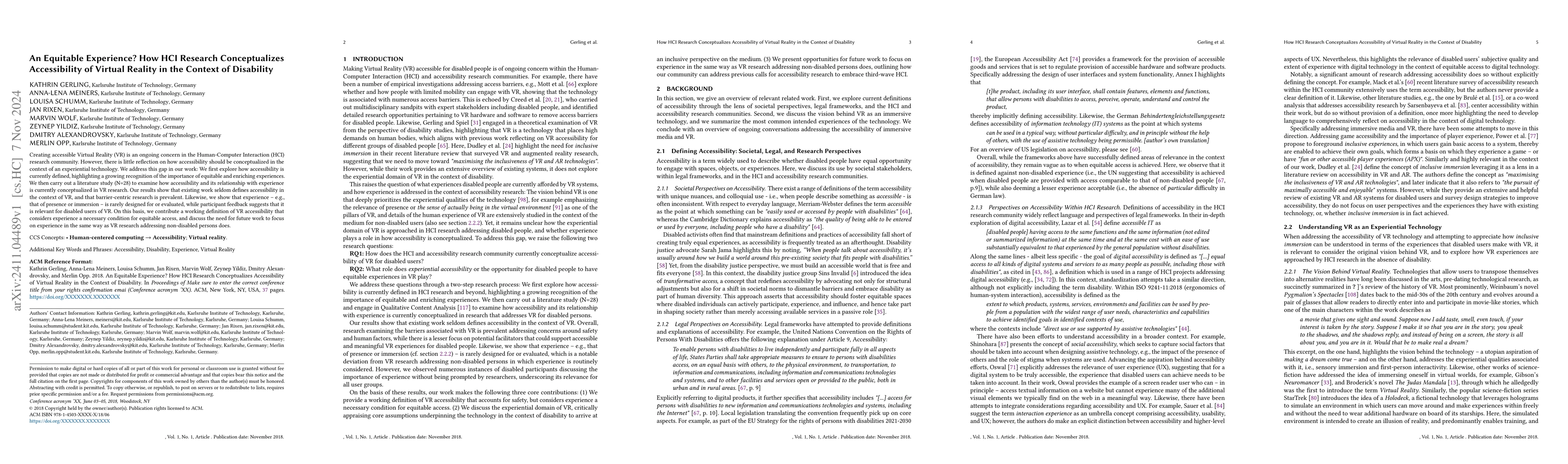Thumbnail for An Equitable Experience? How HCI Research Conceptualizes Accessibility
  of Virtual Reality in the Context of Disability