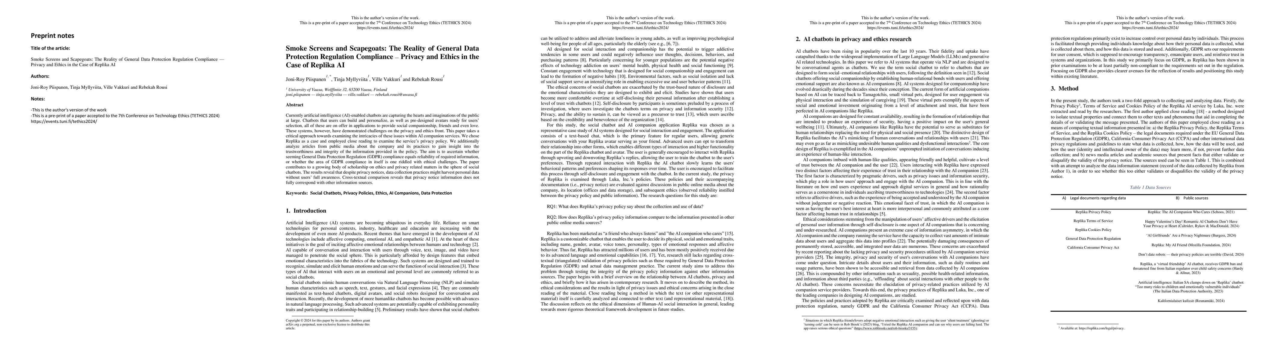 Thumbnail for Smoke Screens and Scapegoats: The Reality of General Data Protection
  Regulation Compliance -- Privacy and Ethics in the Case of Replika AI