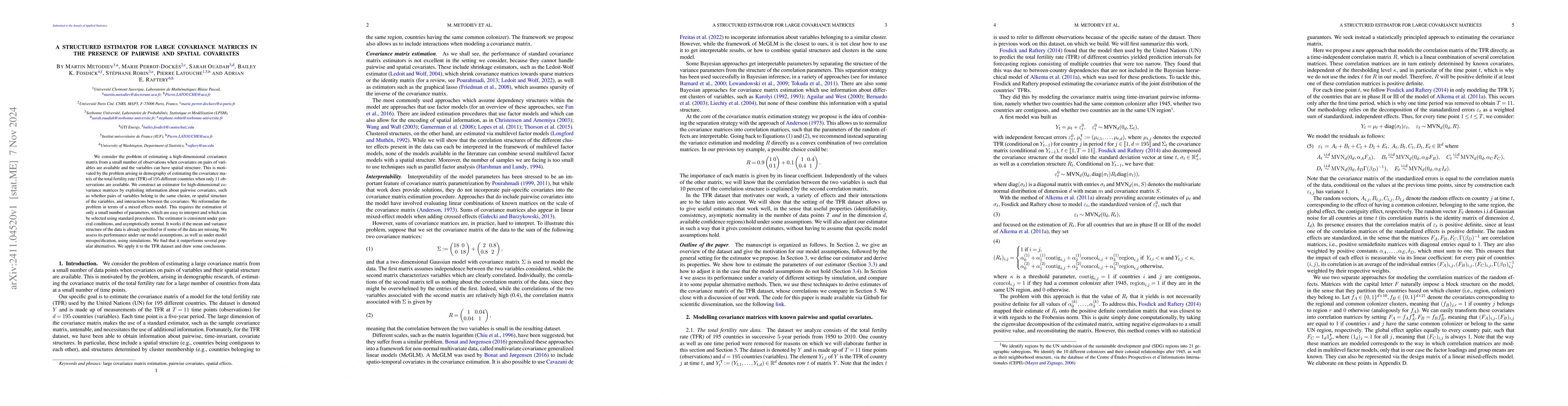 Thumbnail for A Structured Estimator for large Covariance Matrices in the Presence of
  Pairwise and Spatial Covariates