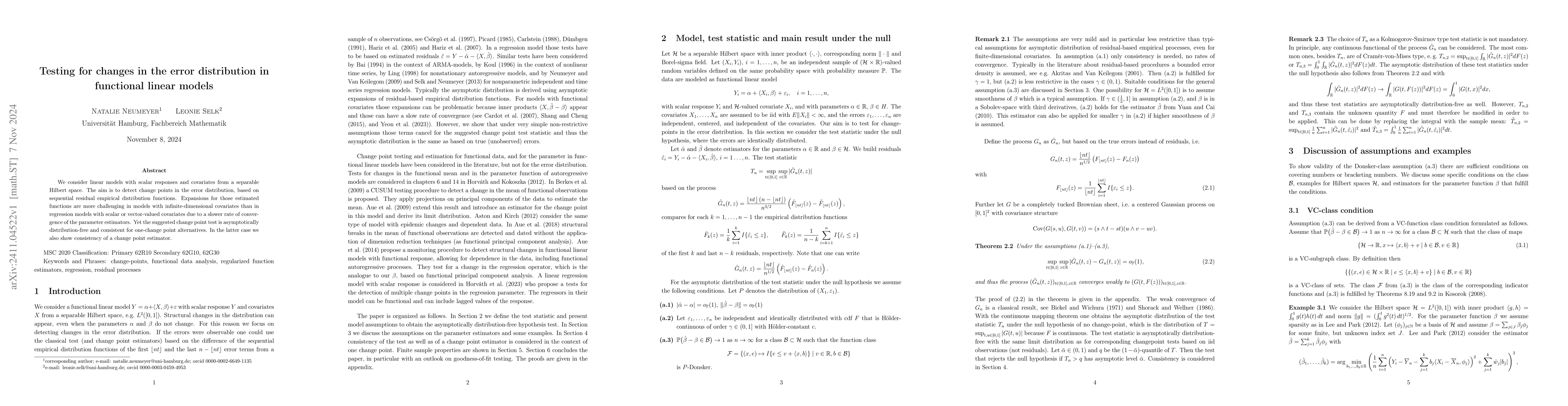 Thumbnail for Testing for changes in the error distribution in functional linear
  models