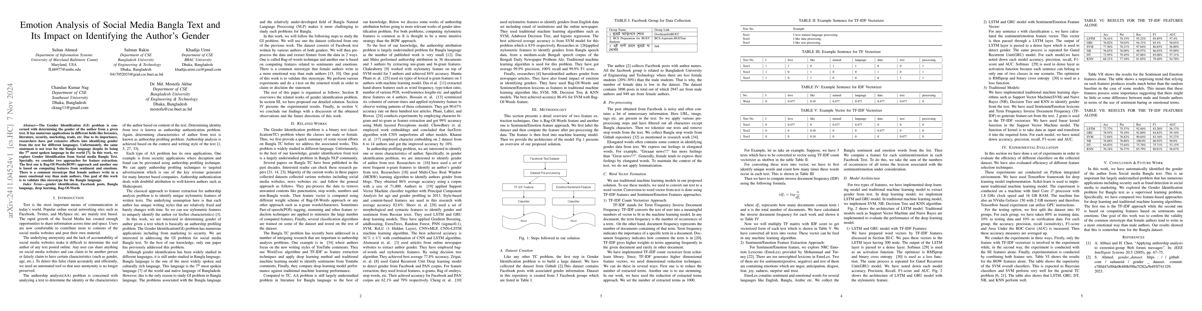 Thumbnail for Emotion Analysis of Social Media Bangla Text and Its Impact on
  Identifying the Author's Gender