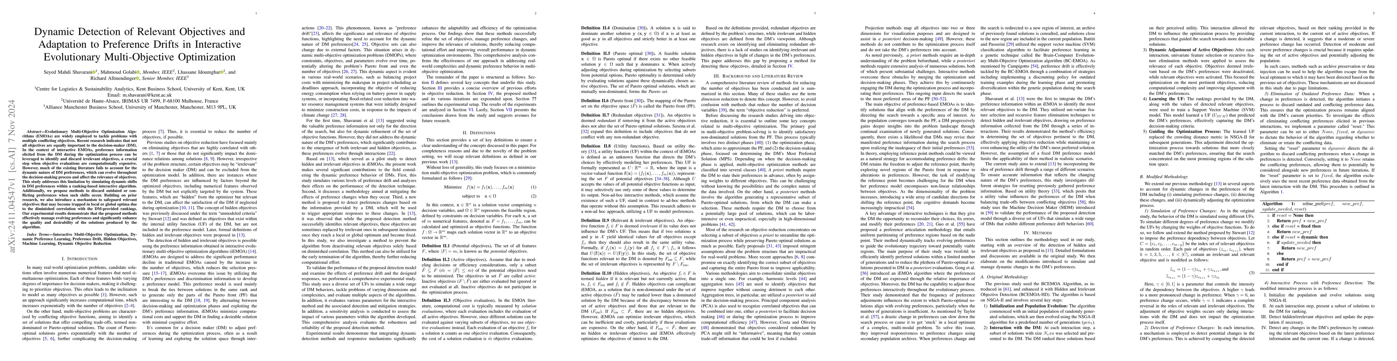 Thumbnail for Dynamic Detection of Relevant Objectives and Adaptation to Preference
  Drifts in Interactive Evolutionary Multi-Objective Optimization