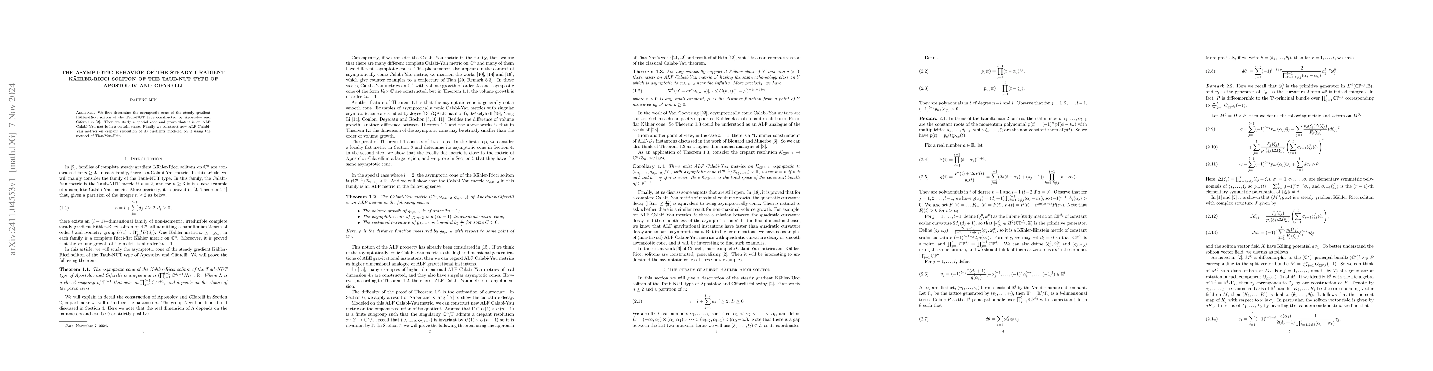 Thumbnail for The asymptotic behavior of the steady gradient Kähler-Ricci soliton of
  the Taub-NUT type of Apostolov and Cifarelli