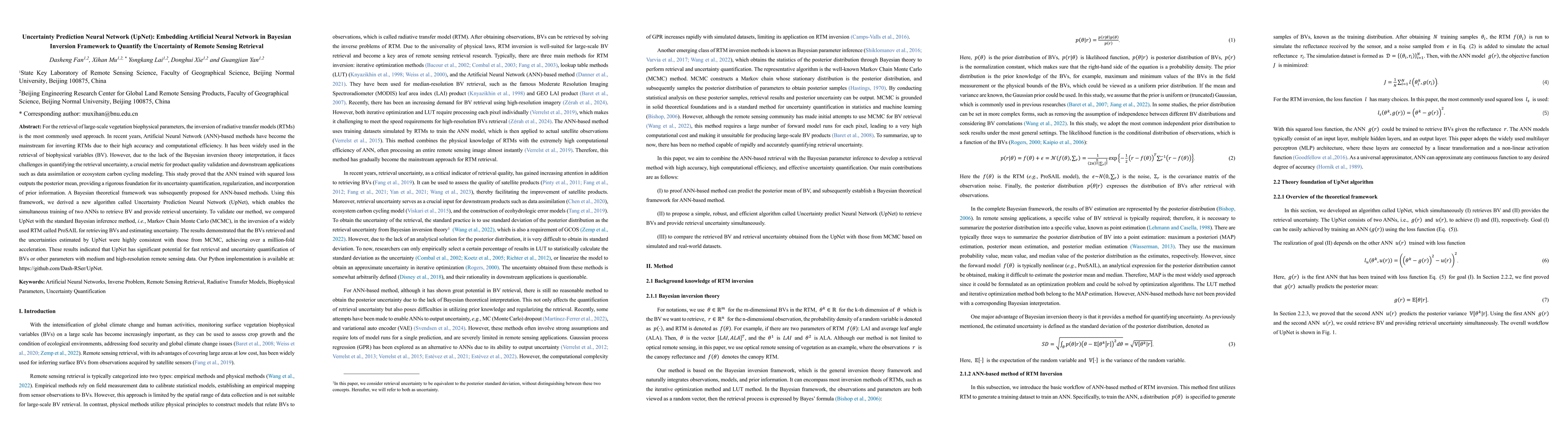 Thumbnail for Uncertainty Prediction Neural Network (UpNet): Embedding Artificial
  Neural Network in Bayesian Inversion Framework to Quantify the Uncertainty of
  Remote Sensing Retrieval