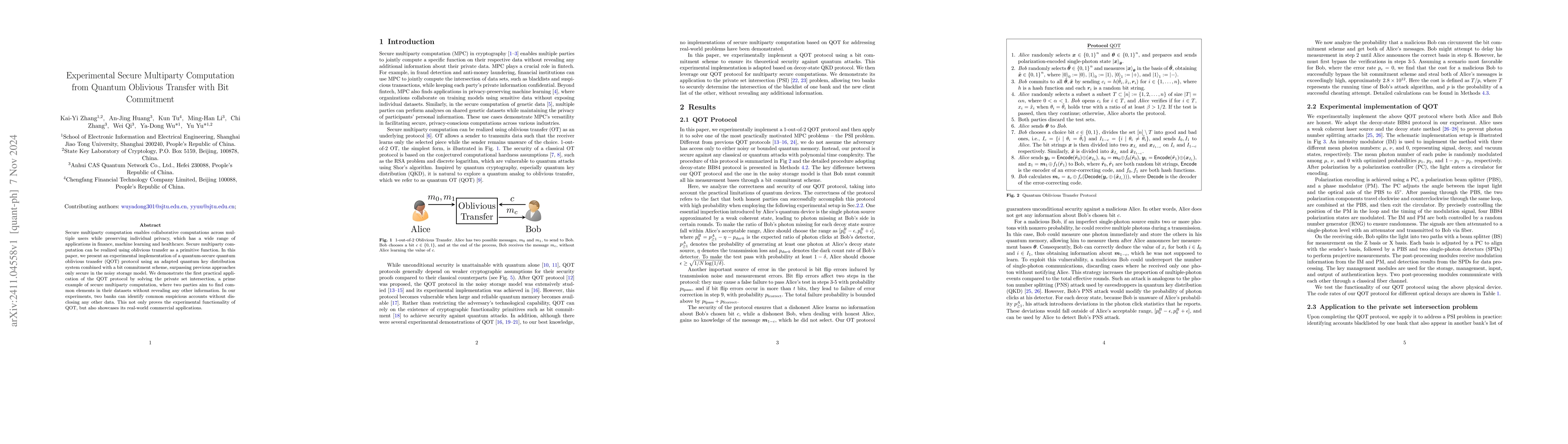 Thumbnail for Experimental Secure Multiparty Computation from Quantum Oblivious
  Transfer with Bit Commitment