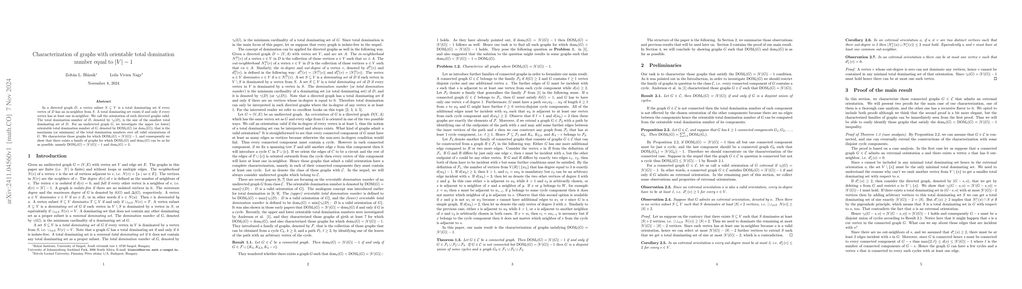 Thumbnail for Characterization of graphs with orientable total domination number equal
  to $|V|-1$