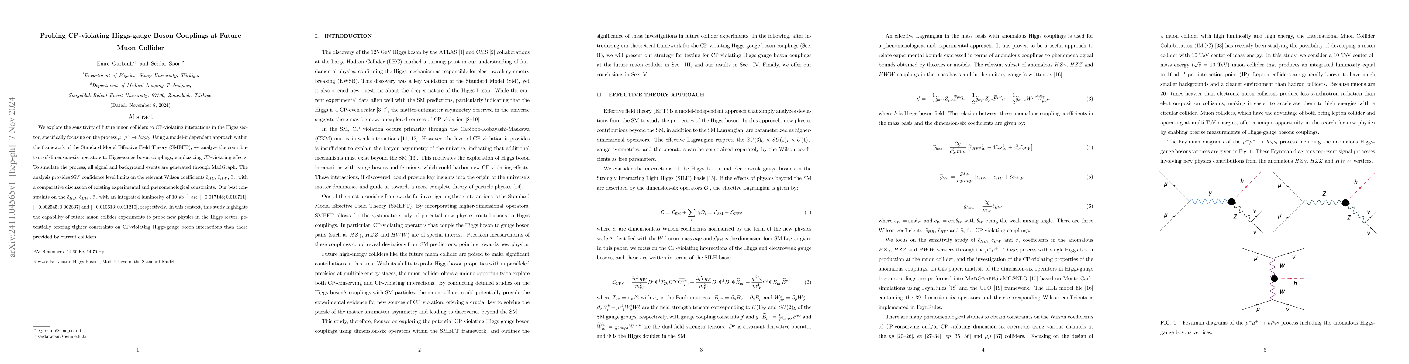 Thumbnail for Probing CP-violating Higgs-gauge Boson Couplings at Future Muon Collider