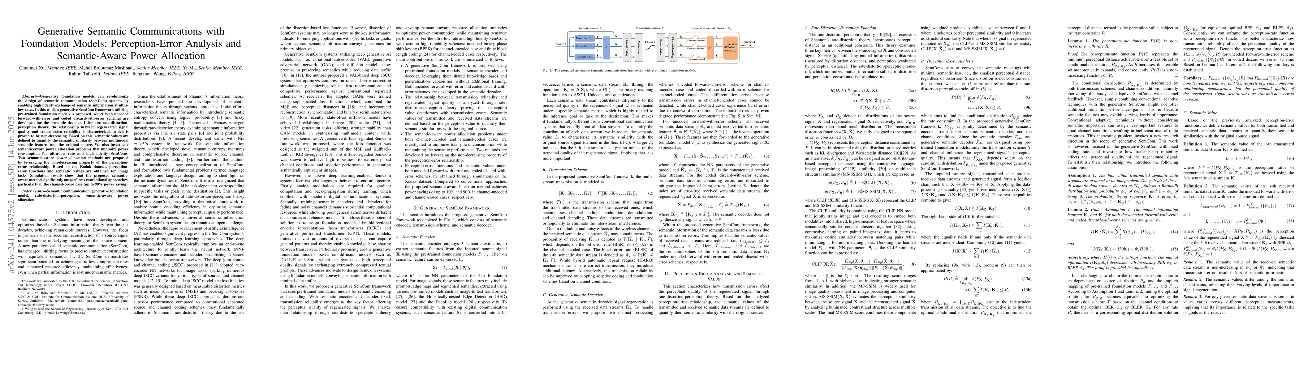 Thumbnail for Generative Semantic Communications with Foundation Models:
  Perception-Error Analysis and Semantic-Aware Power Allocation