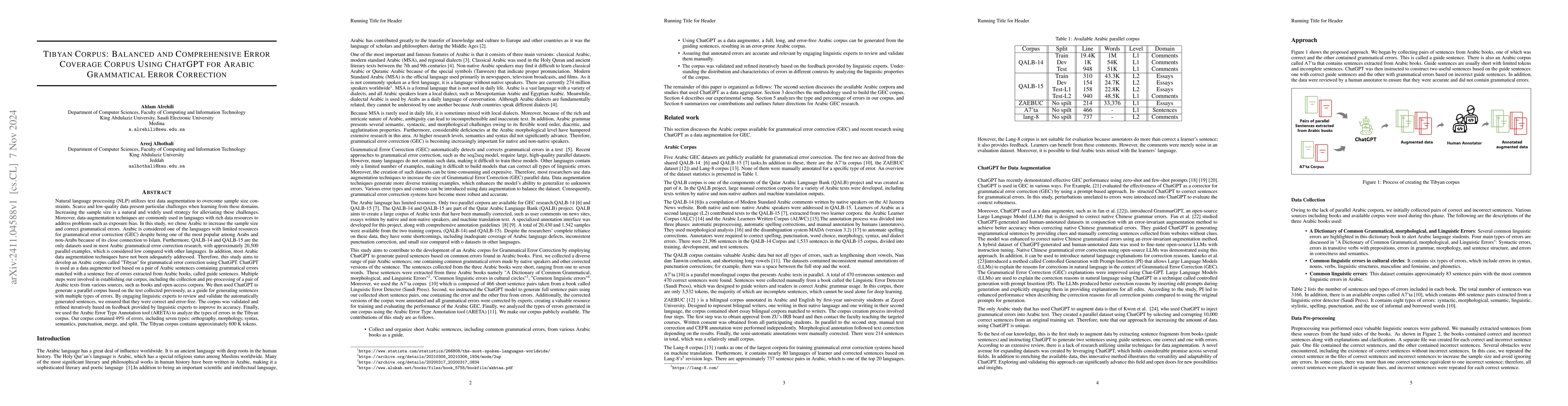 Thumbnail for Tibyan Corpus: Balanced and Comprehensive Error Coverage Corpus Using
  ChatGPT for Arabic Grammatical Error Correction