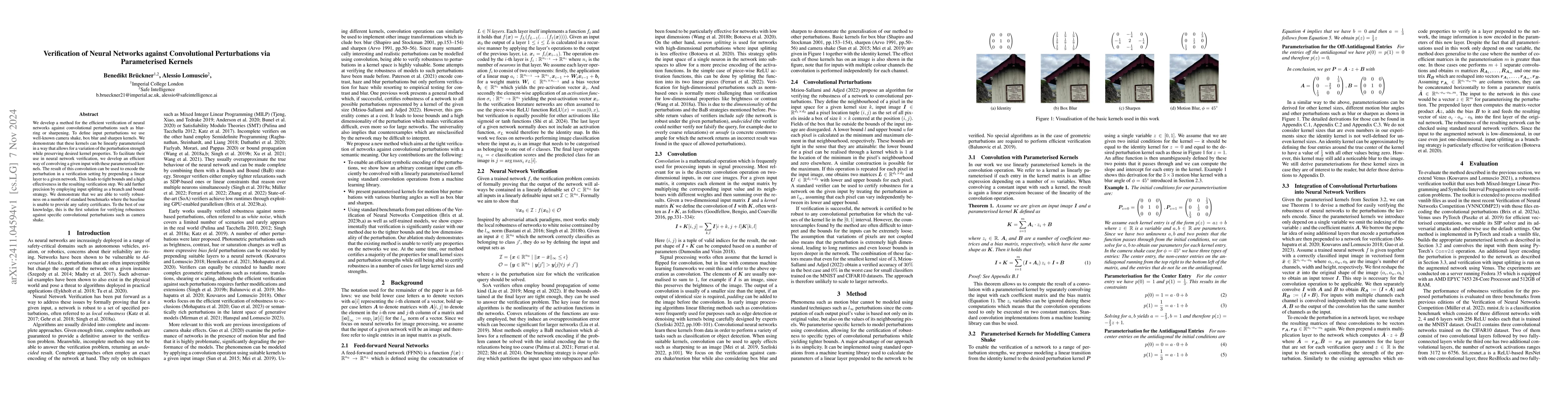 Thumbnail for Verification of Neural Networks against Convolutional Perturbations via
  Parameterised Kernels