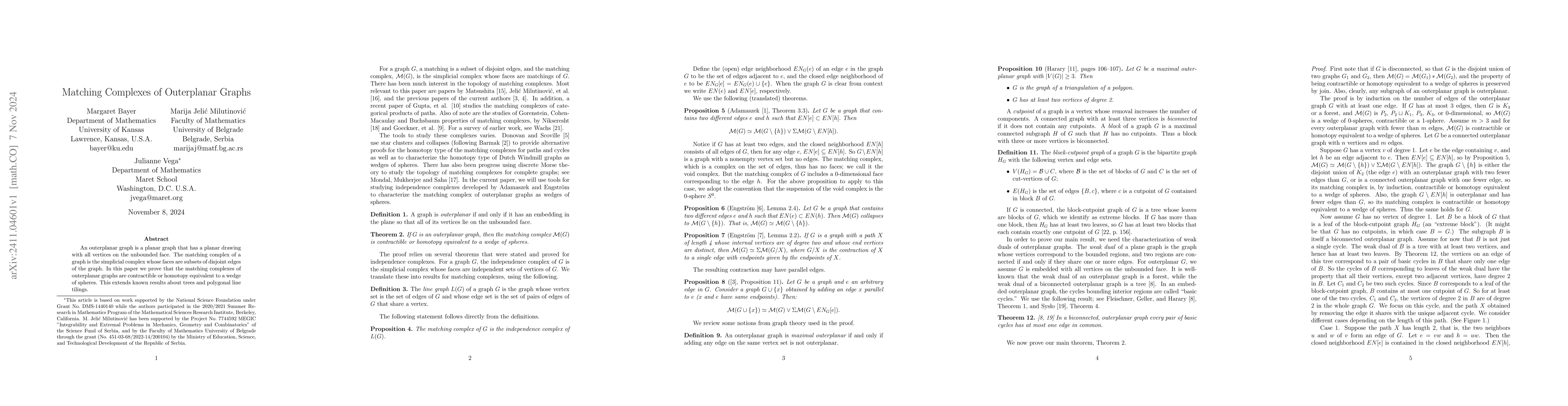 Thumbnail for Matching Complexes of Outerplanar Graphs