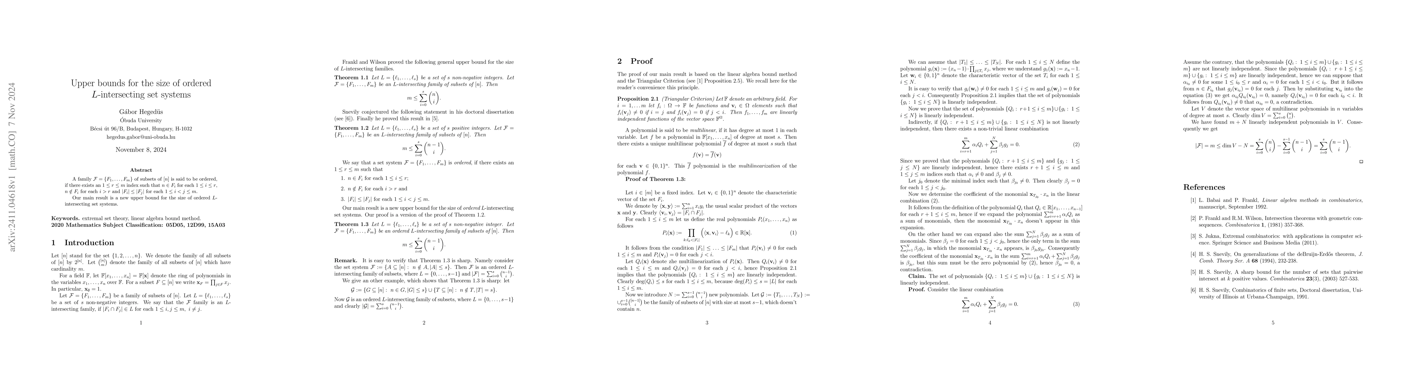 Thumbnail for Upper bounds for the size of ordered $L$-intersecting set systems