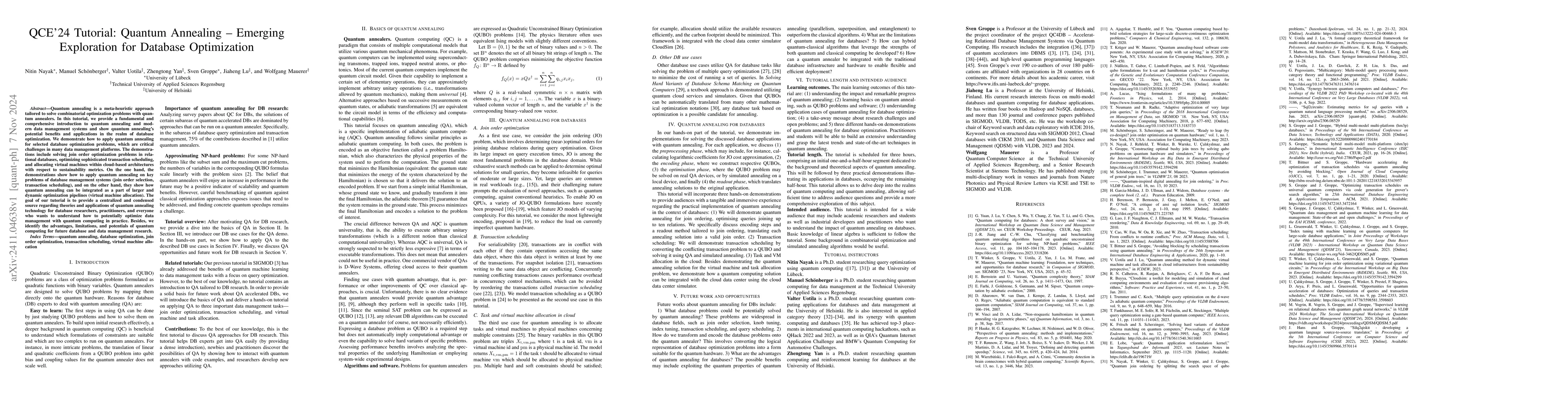 Thumbnail for QCE'24 Tutorial: Quantum Annealing -- Emerging Exploration for Database
  Optimization