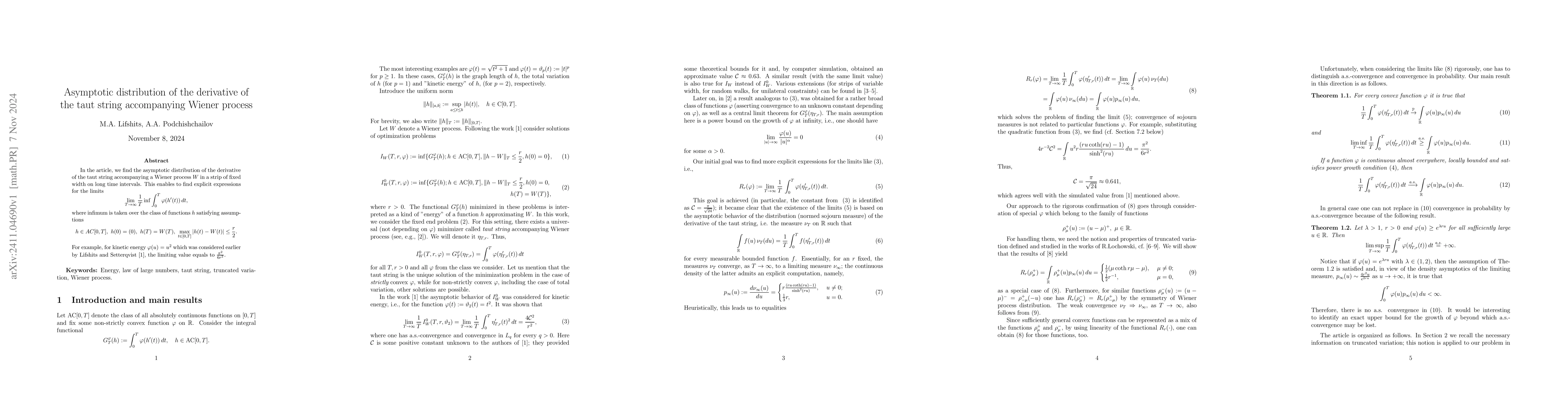 Thumbnail for Asymptotic distribution of the derivative of the taut string
  accompanying Wiener process