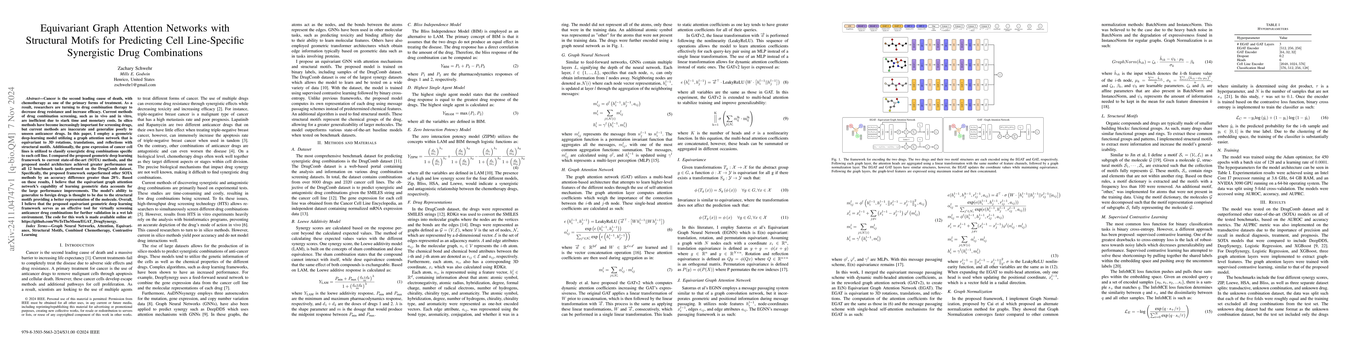 Thumbnail for Equivariant Graph Attention Networks with Structural Motifs for
  Predicting Cell Line-Specific Synergistic Drug Combinations