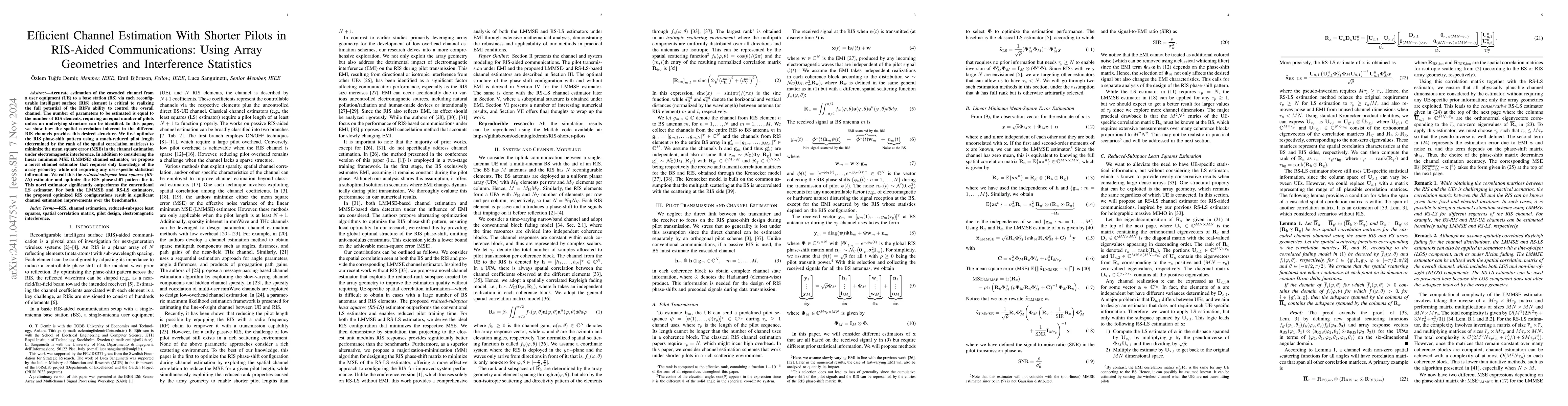 Thumbnail for Efficient Channel Estimation With Shorter Pilots in RIS-Aided
  Communications: Using Array Geometries and Interference Statistics