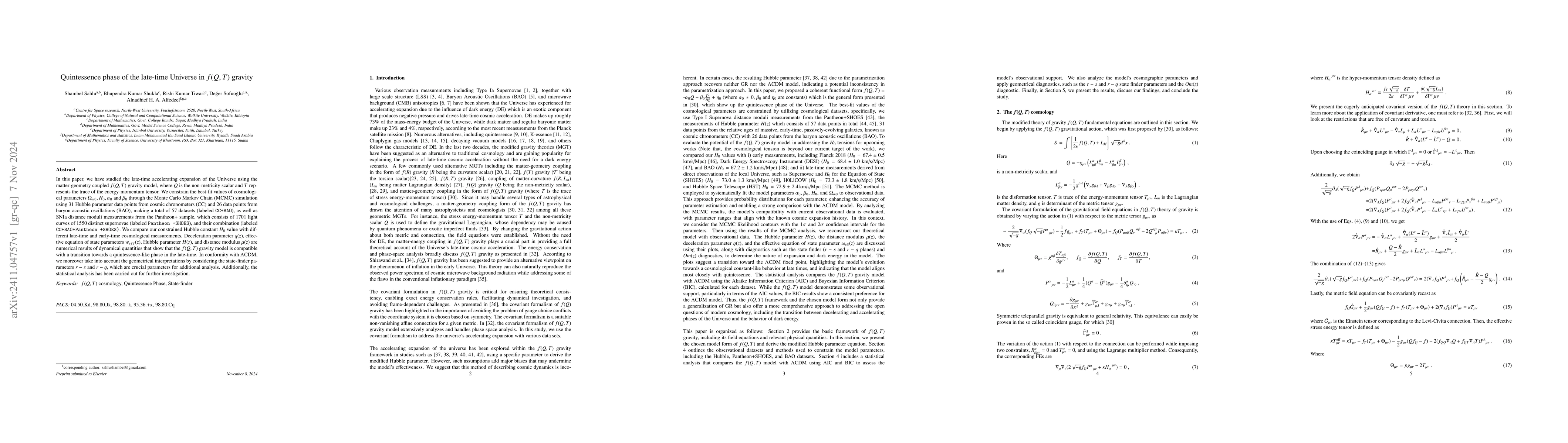 Thumbnail for Quintessence phase of the late-time Universe in $f(Q,T)$ gravity