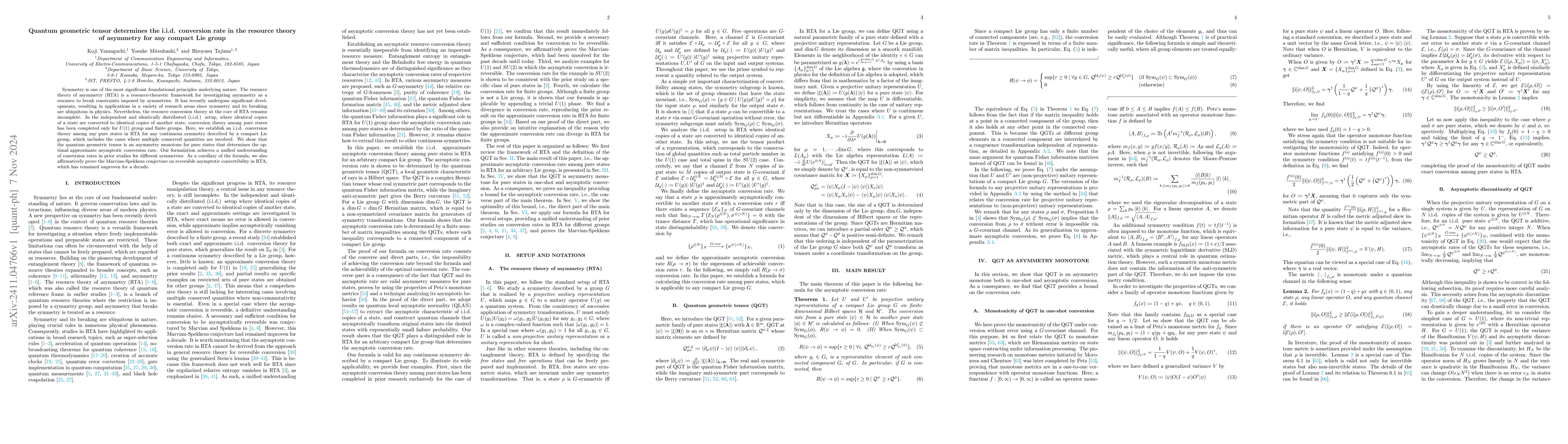 Thumbnail for Quantum geometric tensor determines the i.i.d. conversion rate in the
  resource theory of asymmetry for any compact Lie group