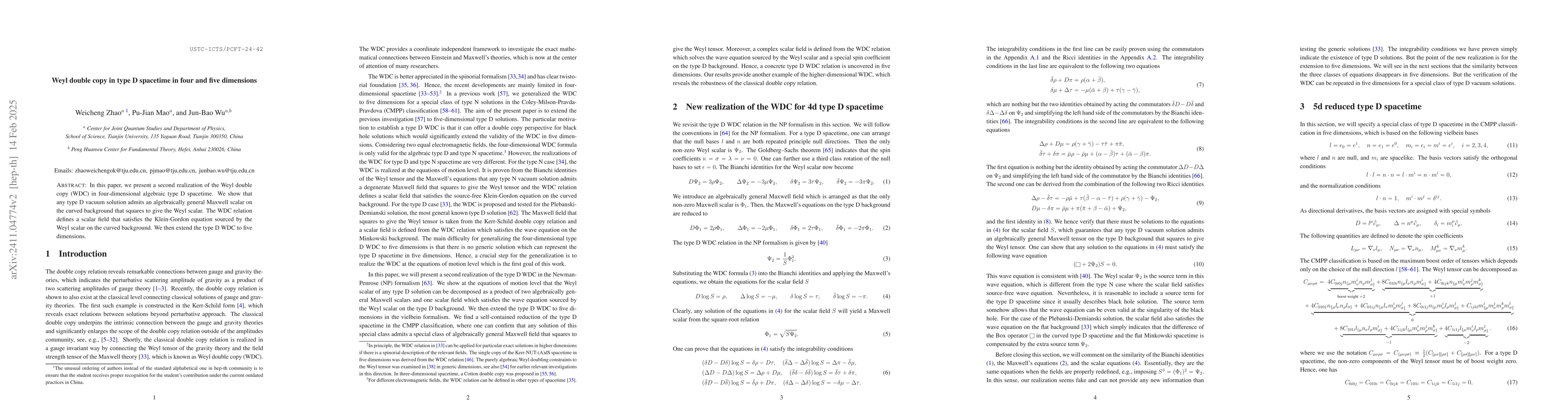 Thumbnail for Weyl double copy in type D spacetime in four and five dimensions