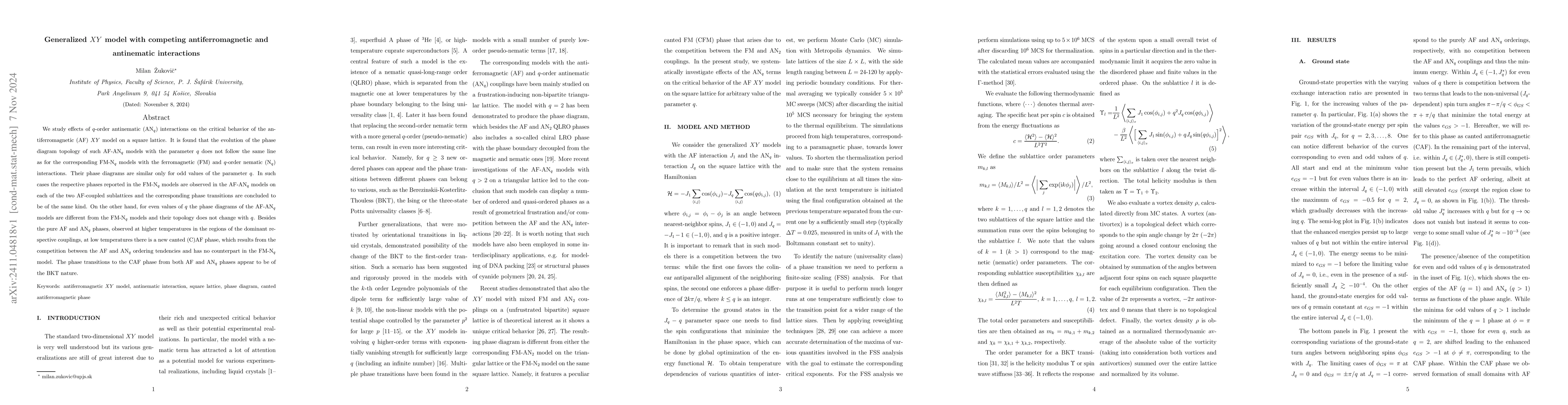 Thumbnail for Generalized $XY$ model with competing antiferromagnetic and antinematic
  interactions