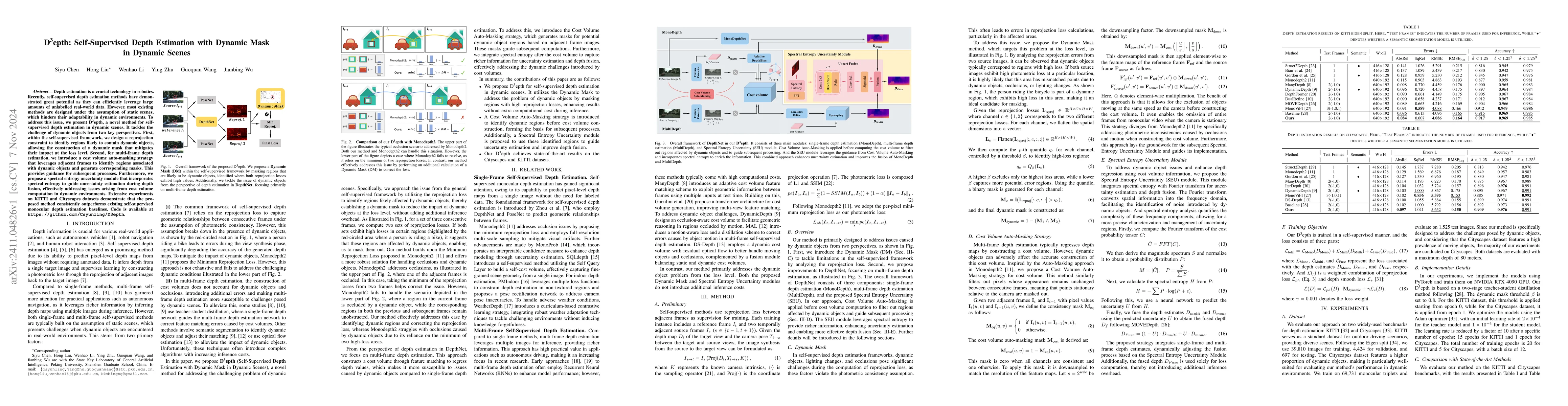 Thumbnail for D$^3$epth: Self-Supervised Depth Estimation with Dynamic Mask in Dynamic
  Scenes