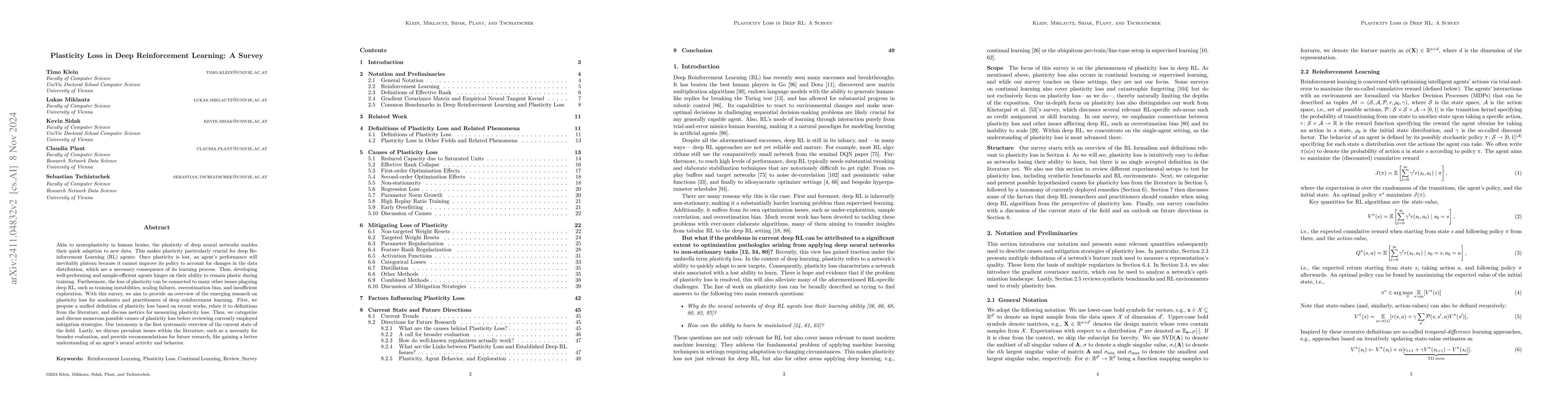 Thumbnail for Plasticity Loss in Deep Reinforcement Learning: A Survey