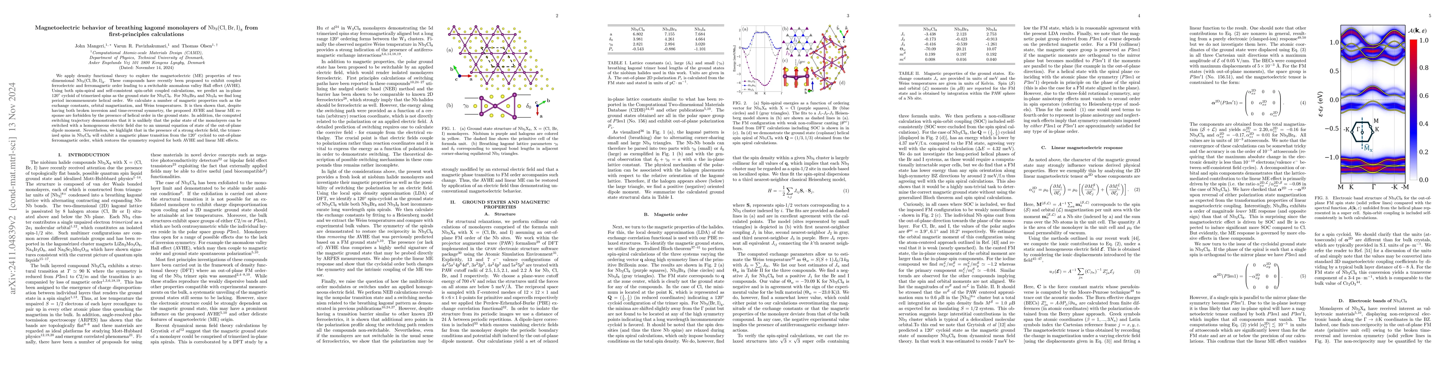 Thumbnail for Magnetoelectric behavior of breathing kagomé monolayers of
  $\mathrm{Nb}_3\mathrm{(Cl, Br, I)}_8$ from first-principles calculations