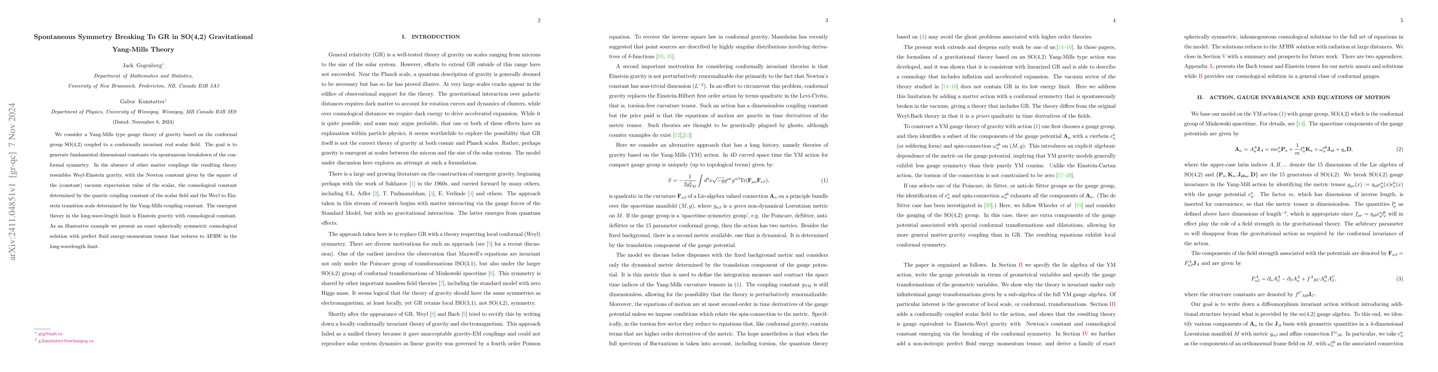 Thumbnail for Spontaneous Symmetry Breaking To GR in SO(4,2) Gravitational Yang-Mills
  Theory