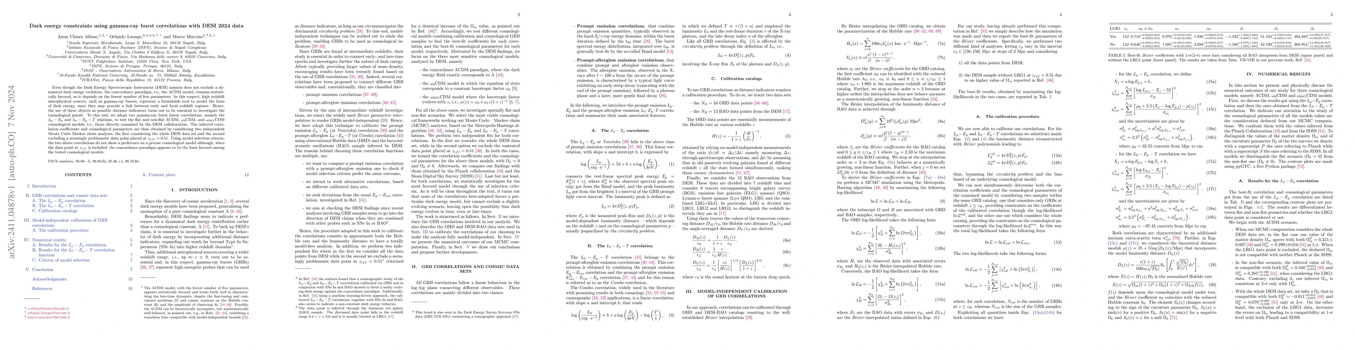 Thumbnail for Dark energy constraints using gamma-ray burst correlations with DESI
  2024 data