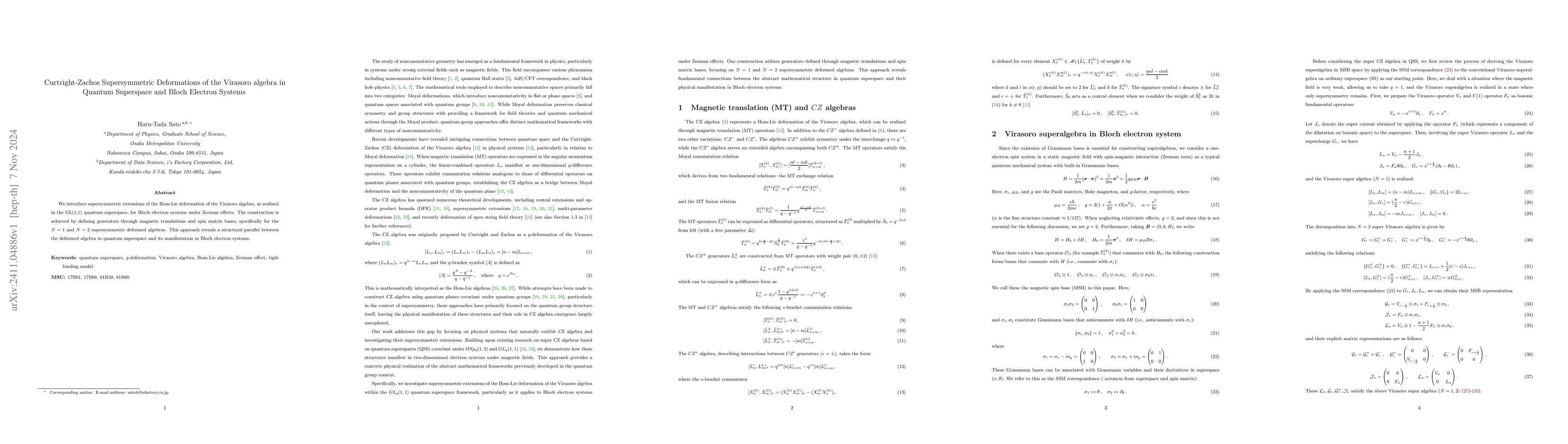 Thumbnail for Curtright-Zachos Supersymmetric Deformations of the Virasoro algebra in
  Quantum Superspace and Bloch Electron Systems