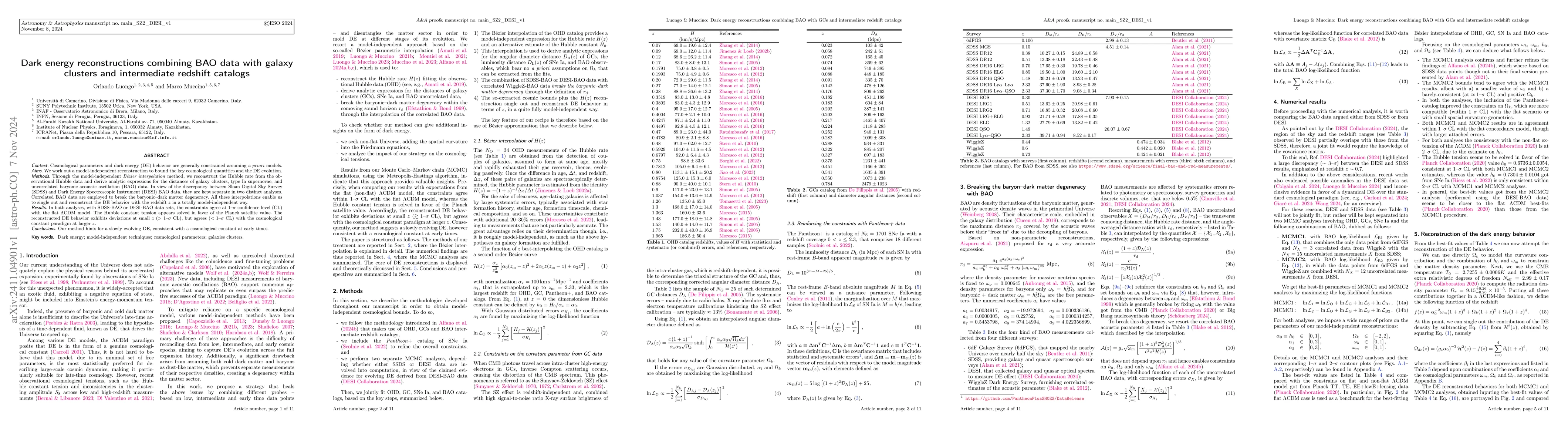 Thumbnail for Dark energy reconstructions combining BAO data with galaxy clusters and
  intermediate redshift catalogs