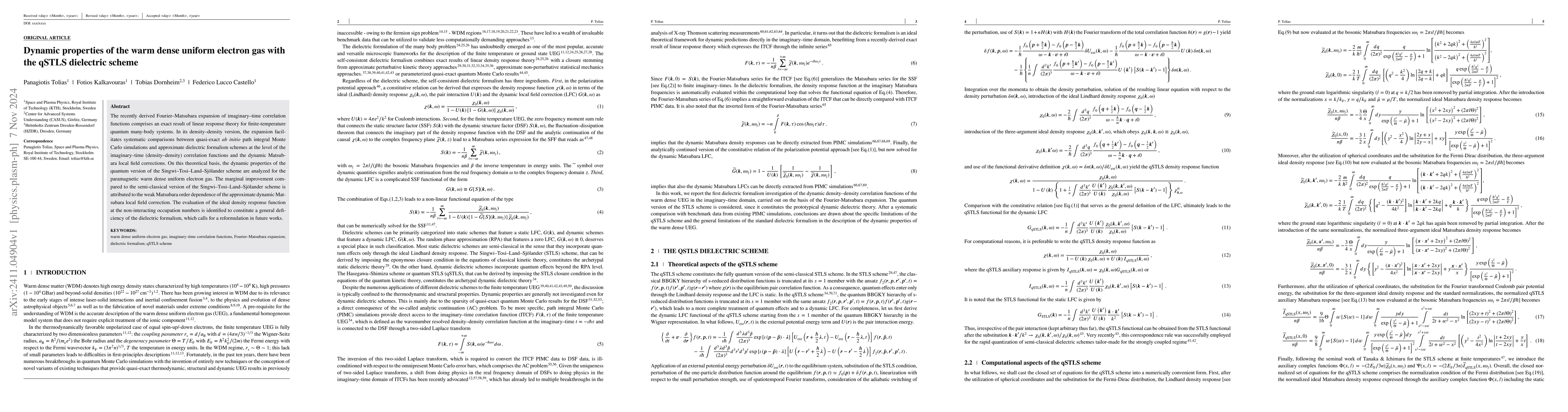 Thumbnail for Dynamic properties of the warm dense uniform electron gas with the qSTLS
  dielectric scheme
