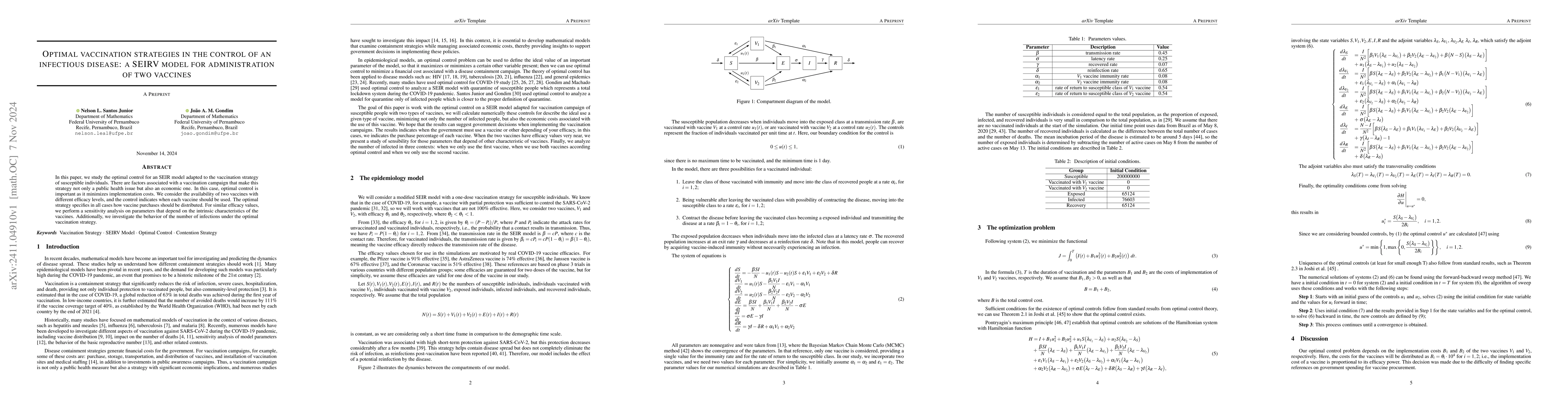 Thumbnail for Optimal vaccination strategies in the control of an infectious disease:
  a SEIRV model for administration of two vaccines