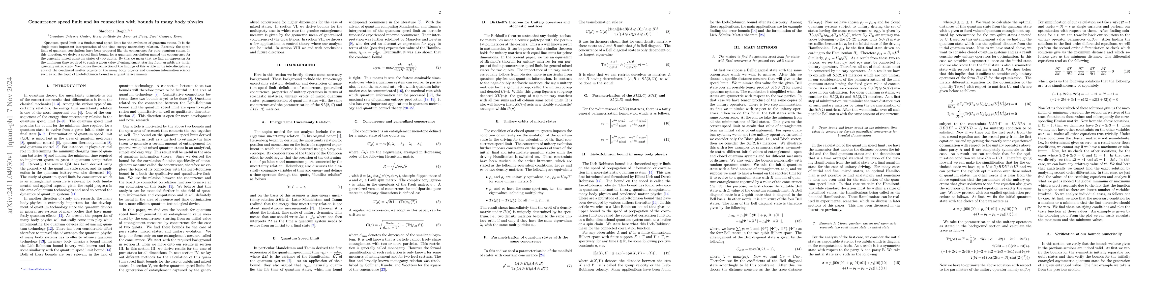 Thumbnail for Concurrence speed limit and its connection with bounds in many body
  physics