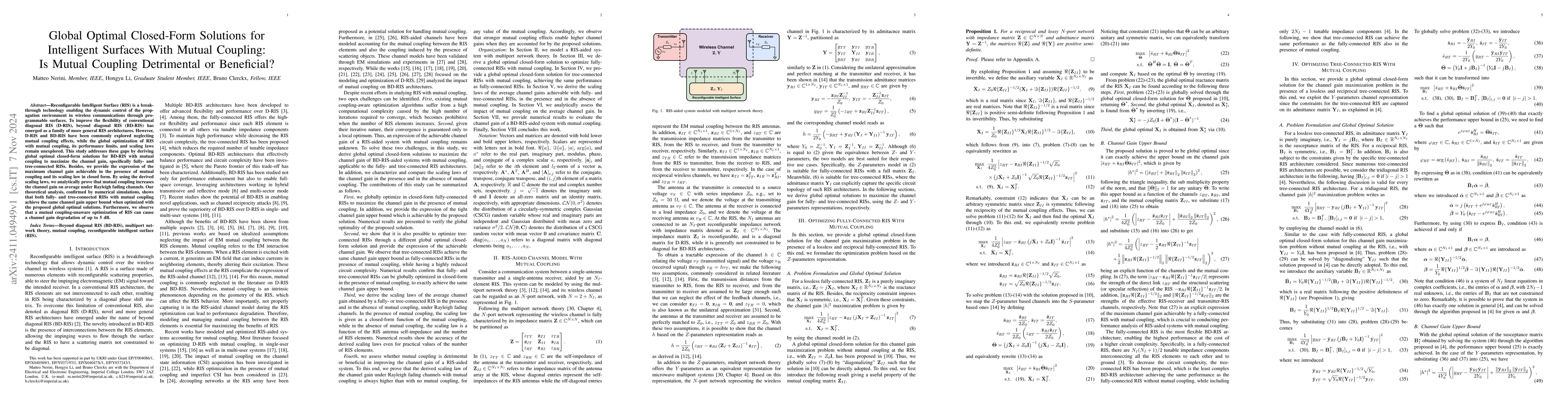 Thumbnail for Global Optimal Closed-Form Solutions for Intelligent Surfaces With
  Mutual Coupling: Is Mutual Coupling Detrimental or Beneficial?