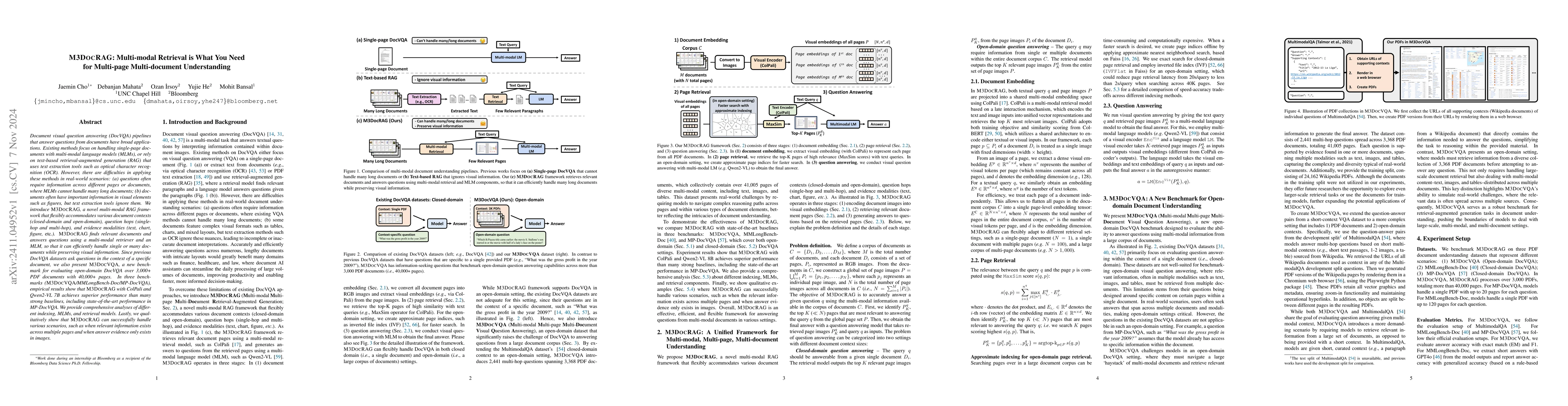 Thumbnail for M3DocRAG: Multi-modal Retrieval is What You Need for Multi-page
  Multi-document Understanding