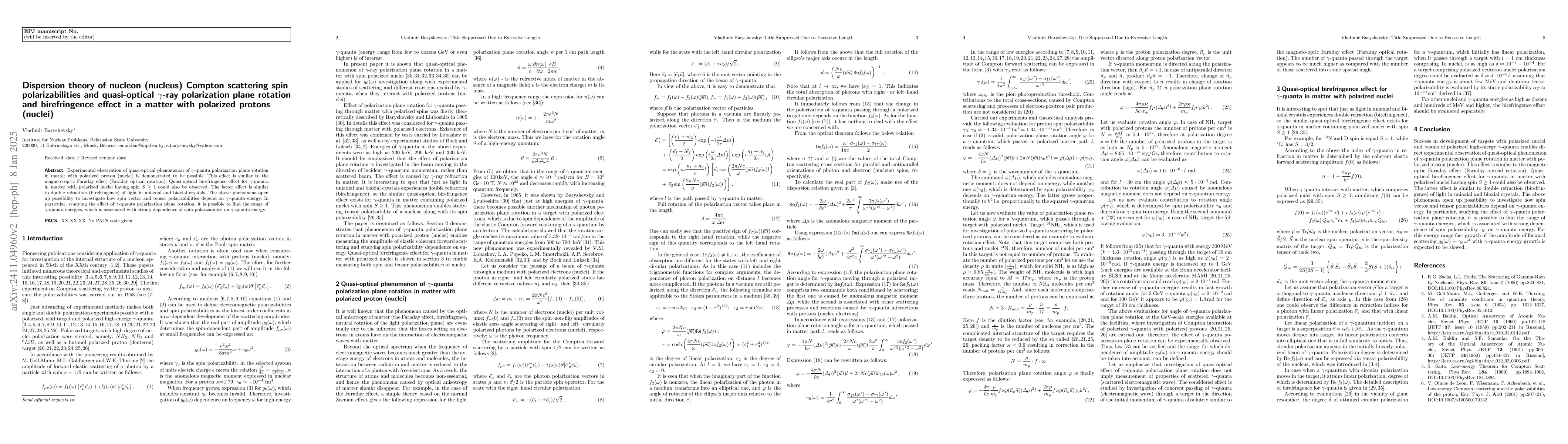 Thumbnail for Dispersion theory of nucleon (nucleus) Compton scattering spin
  polarizabilities and quasi-optical $γ$-ray polarization plane rotation
  and birefringence effect in a matter with polarized protons (nuclei)