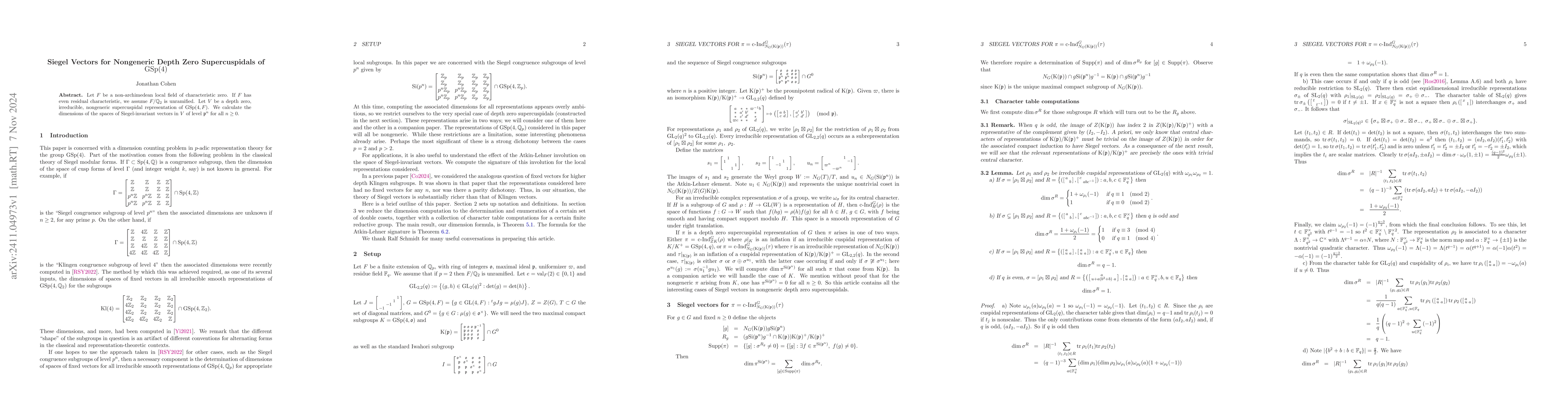Thumbnail for Siegel Vectors for Nongeneric Depth Zero Supercuspidals of $GSp(4)$