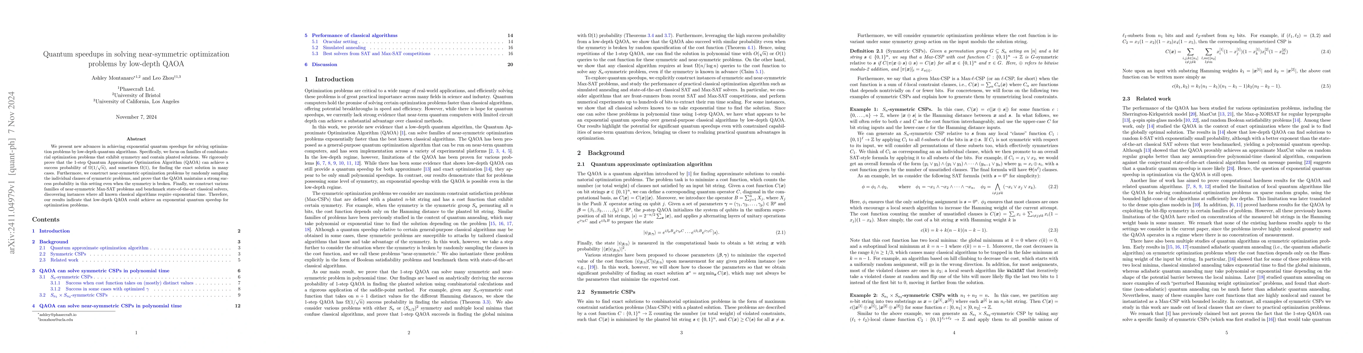 Thumbnail for Quantum speedups in solving near-symmetric optimization problems by
  low-depth QAOA