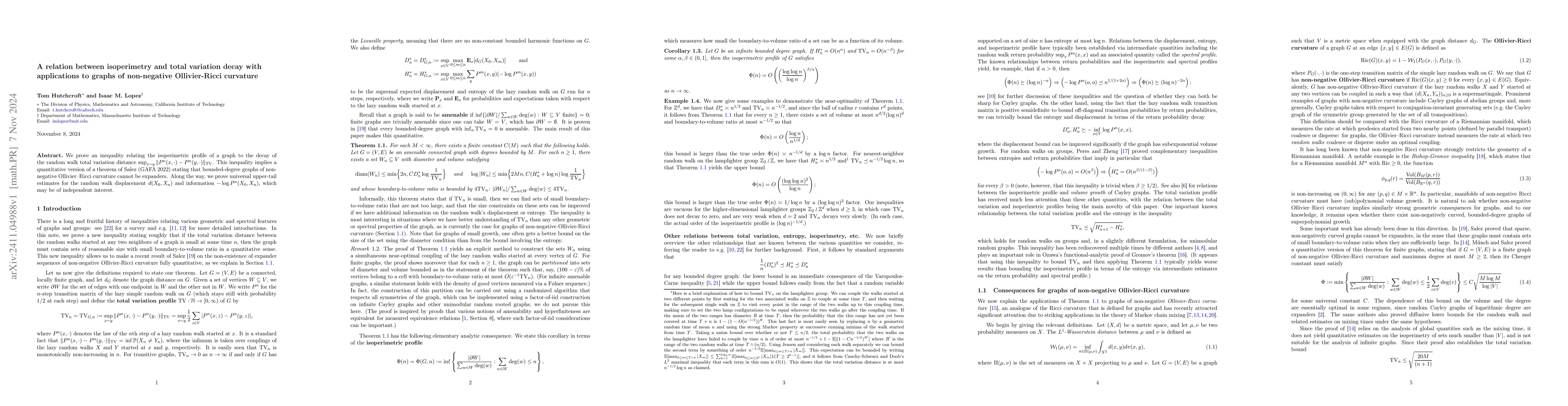 Thumbnail for A relation between isoperimetry and total variation decay with
  applications to graphs of non-negative Ollivier-Ricci curvature