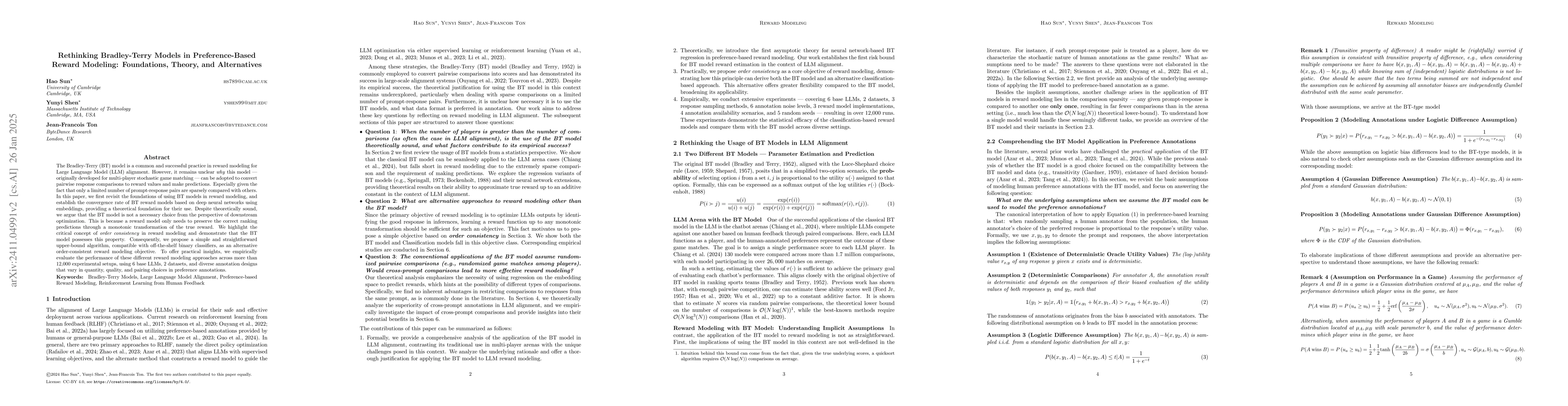 Thumbnail for Rethinking Bradley-Terry Models in Preference-Based Reward Modeling:
  Foundations, Theory, and Alternatives