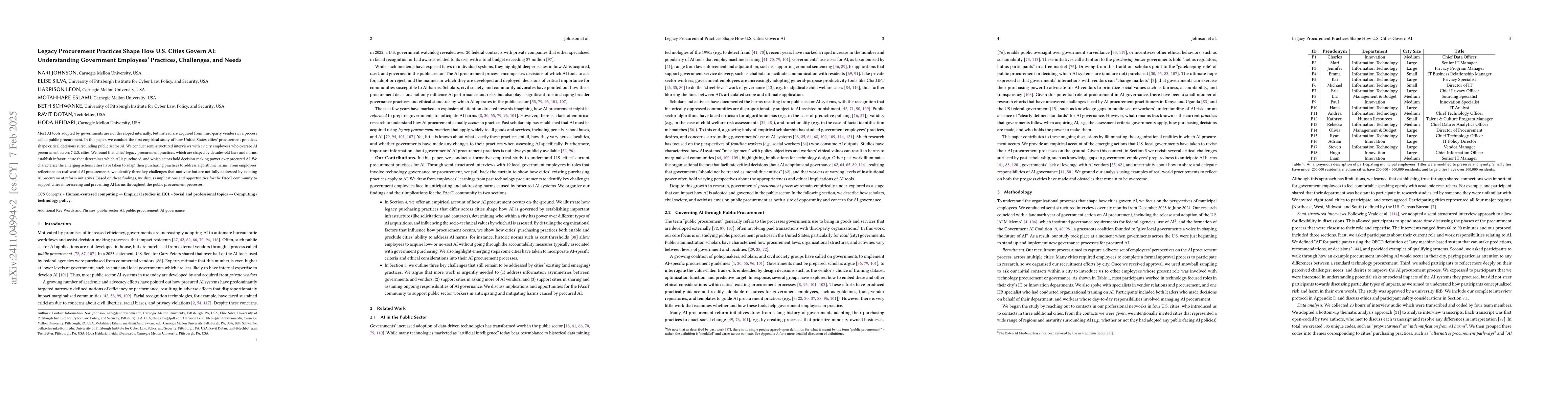 Thumbnail for Public Procurement for Responsible AI? Understanding U.S. Cities'
  Practices, Challenges, and Needs