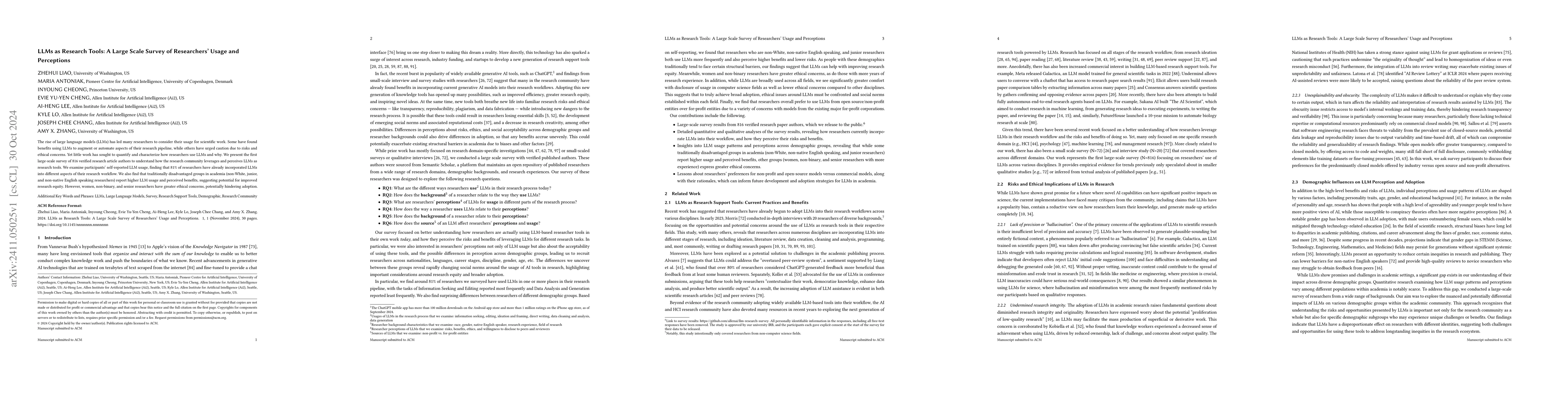 Thumbnail for LLMs as Research Tools: A Large Scale Survey of Researchers' Usage and
  Perceptions
