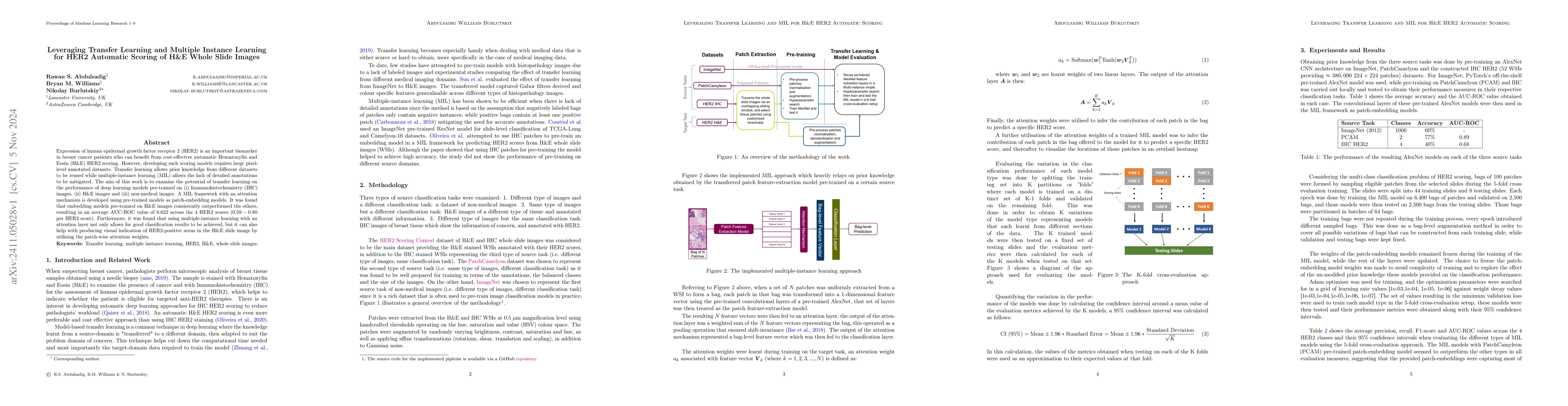 Thumbnail for Leveraging Transfer Learning and Multiple Instance Learning for HER2
  Automatic Scoring of H\&E Whole Slide Images
