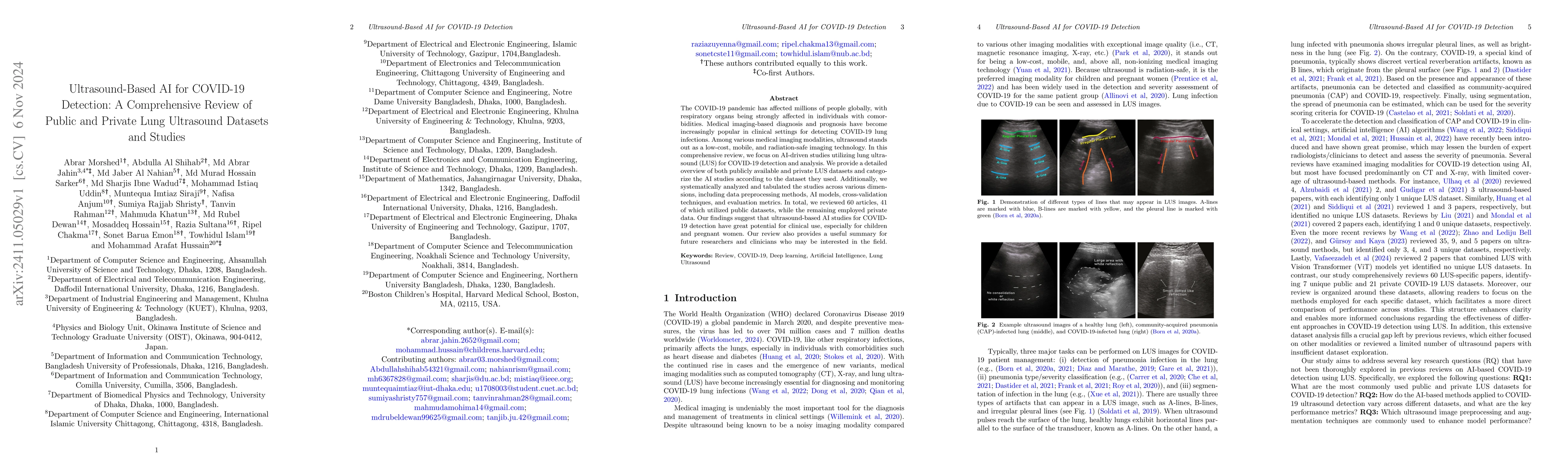 Thumbnail for Ultrasound-Based AI for COVID-19 Detection: A Comprehensive Review of
  Public and Private Lung Ultrasound Datasets and Studies