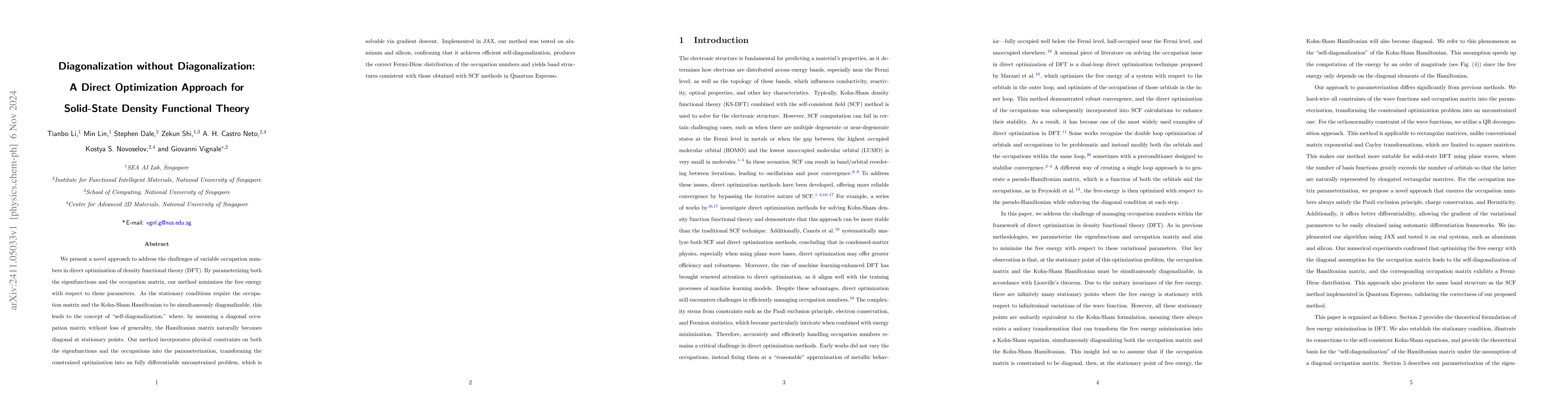 Thumbnail for Diagonalization without Diagonalization: A Direct Optimization Approach
  for Solid-State Density Functional Theory