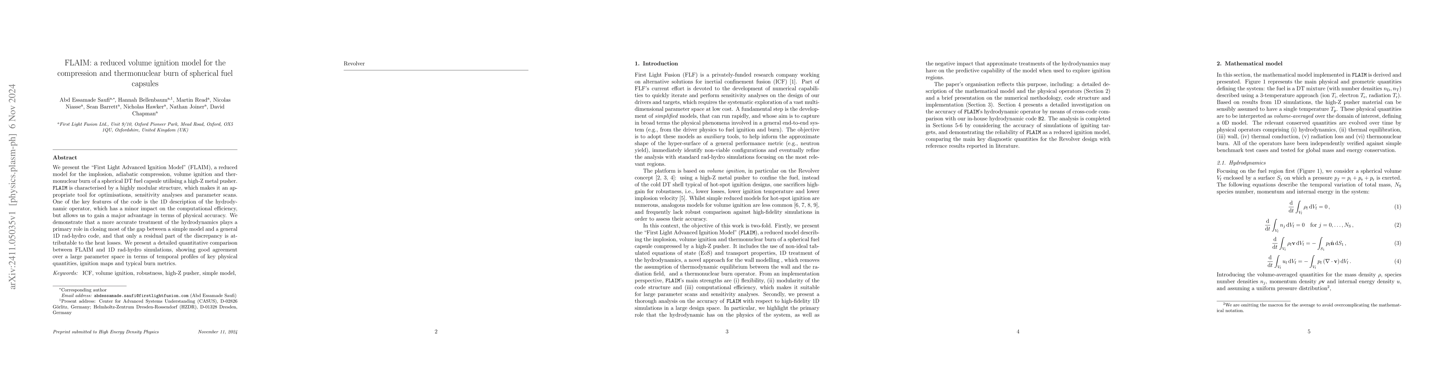 Thumbnail for FLAIM: A reduced volume ignition model for the compression and
  thermonuclear burn of spherical fuel capsules