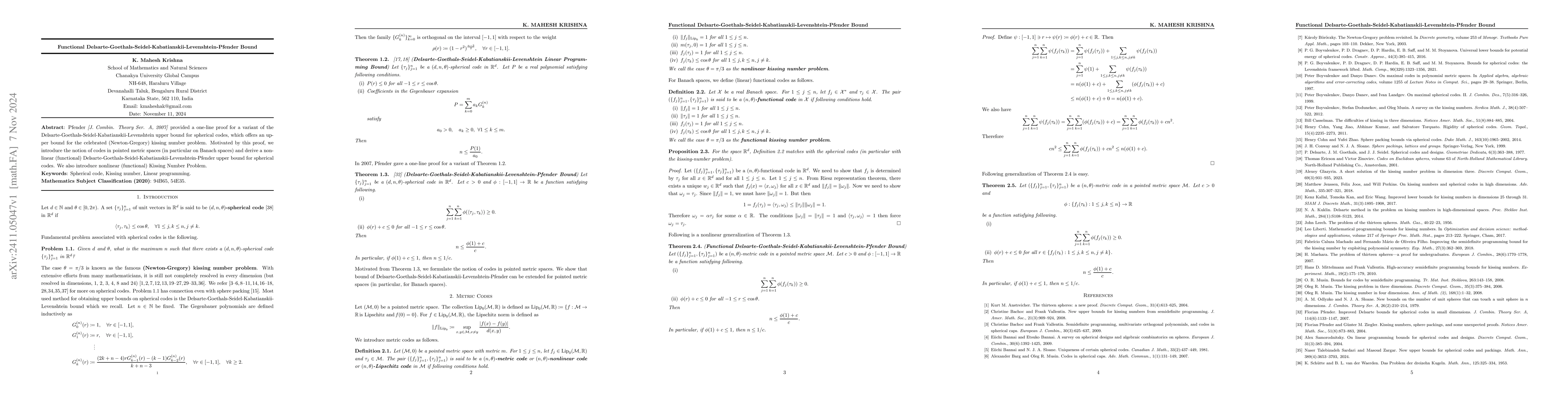 Thumbnail for Functional Delsarte-Goethals-Seidel-Kabatianskii-Levenshtein-Pfender
  Bound