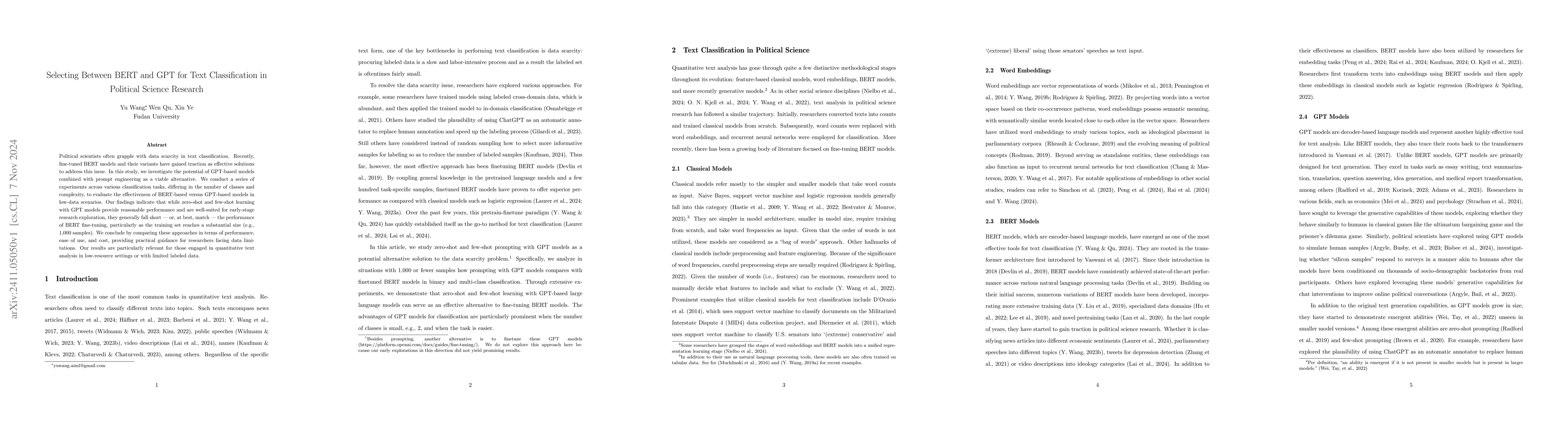 Thumbnail for Selecting Between BERT and GPT for Text Classification in Political
  Science Research