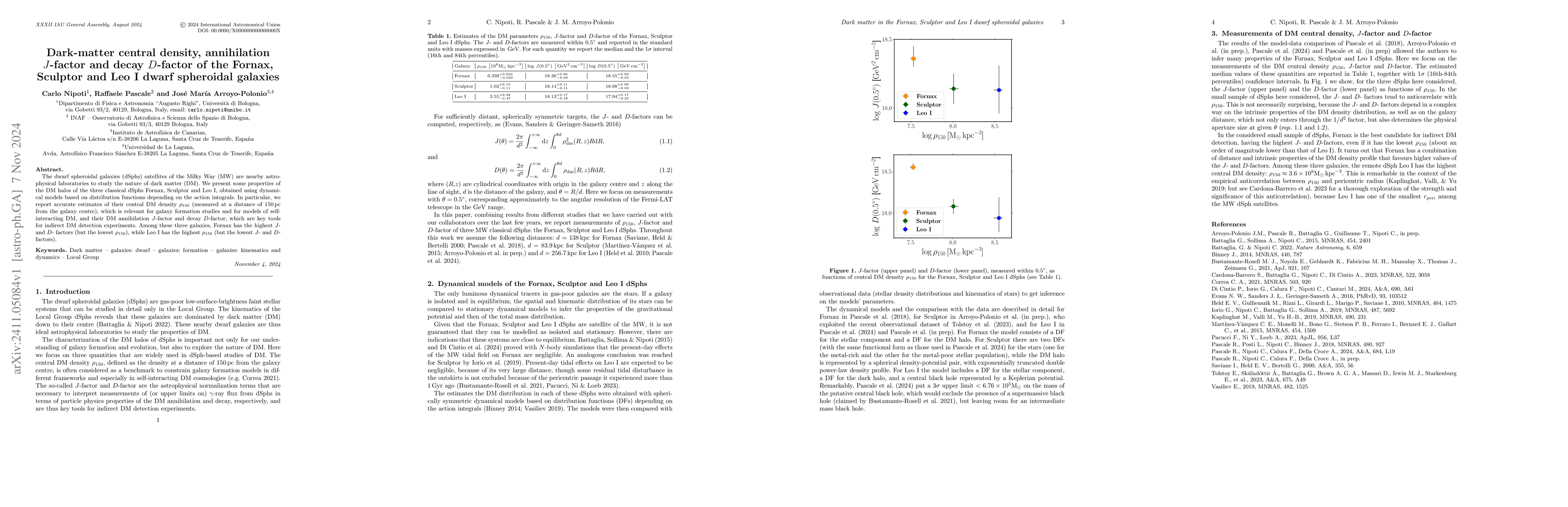 Thumbnail for Dark-matter central density, annihilation J-factor and decay D-factor of
  the Fornax, Sculptor and Leo I dwarf spheroidal galaxies
